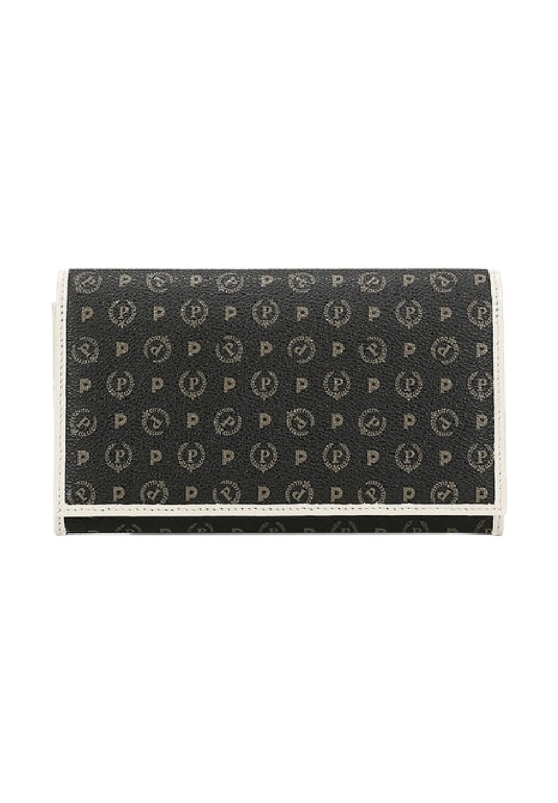 Portafoglio sintetico nero con un design a motivo con loghi. Foderato in bianco, ha una forma rettangolare e una texture liscia.