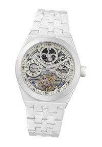 Witte polshorloge met transparante skeletdial, zilveren tandwielen en gouden accenten. Heeft een gladde witte band en een ronde kast.