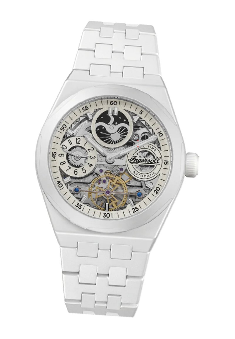 Witte polshorloge met transparante skeletdial, zilveren tandwielen en gouden accenten. Heeft een gladde witte band en een ronde kast.