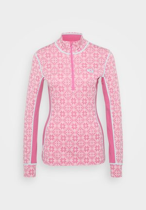 Rosa langermet genser med halv glidelås, med et geometrisk mønster, kontrasterende detaljer og en tettsittende design. Lett stoff.