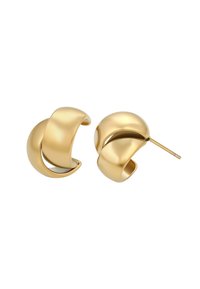 Guldtonede metaløreringe med et buet, skulpturelt design. Glat, skinnende overflade med en karakteristisk åben sektion i midten.