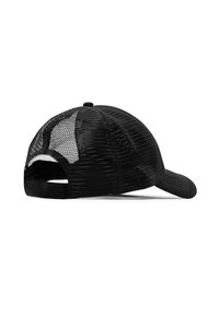 Cappellino da trucker in rete nera con pannello anteriore solido nero, visiera curvata, cinturino regolabile sul retro e motivo in rete testurizzata sui lati.
