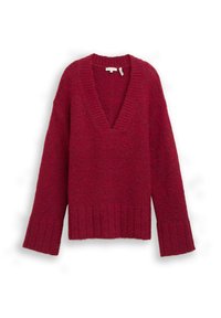 Czerwony sweter dziany z dekoltem w serek, szerokimi rękawami i prążkowanymi wykończeniami. Miękka tekstura o luźnym, swobodnym kroju.