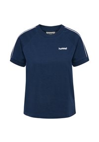 Mörkblå bomulls-T-shirt med korta ärmar, rund halsringning och vit logotyp. Har vita ränder på axlarna och en avslappnad passform.