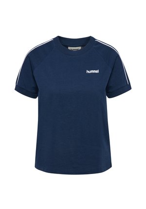 Granatowy bawełniany T-shirt z krótkimi rękawami, okrągłym dekoltem i białym logo. Posiada białe paski na ramionach oraz luźny fason.