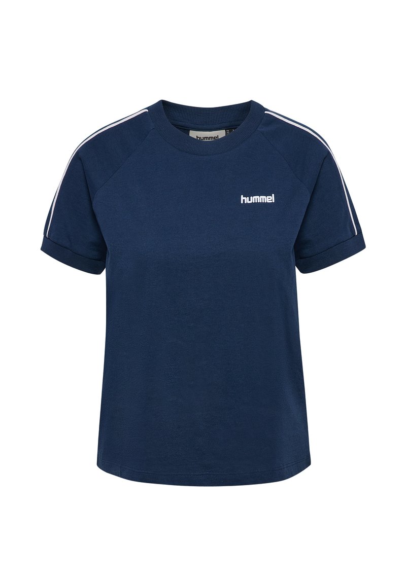 Mörkblå bomulls-T-shirt med korta ärmar, rund halsringning och vit logotyp. Har vita ränder på axlarna och en avslappnad passform.