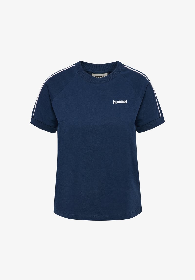 T-shirt en coton bleu marine à manches courtes, col rond, avec un logo blanc. Caractérisé par des rayures blanches sur les épaules et une coupe décontractée.