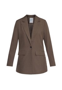Brun skræddersyet blazer med et hakkrave, enkelt knappet lukning, to forlommer og lange ærmer med en glat tekstur.