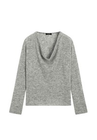 Jasnoszary sweter z długim rękawem o miękkiej, dzianinowej fakturze i opadającym dekoltem typu komin, zaprojektowany do noszenia na co dzień lub dla komfortu.