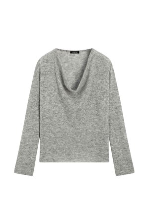 Lichtgrijze trui met lange mouwen, zachte gebreide textuur en een gedrapeerde col, ontworpen voor casual of comfortabele gelegenheden.