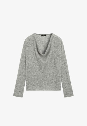 Lichtgrijze trui met lange mouwen, zachte gebreide textuur en een gedrapeerde col, ontworpen voor casual of comfortabele gelegenheden.