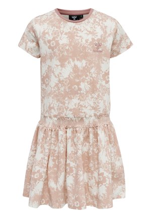 Rotes Kleid mit floralem Muster, T-Shirt-Style Oberteil, kurzen Ärmeln und einem gerafften Rock. Hergestellt aus weichem Stoff mit strukturierter Oberfläche.
