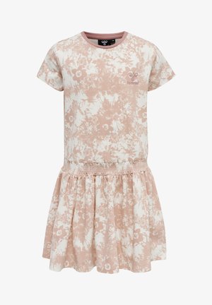 Rosa blomsterprintkjole med T-shirt stil top, korte ærmer og en samlet nederdel. Syet af blødt stof med en tekstureret finish.