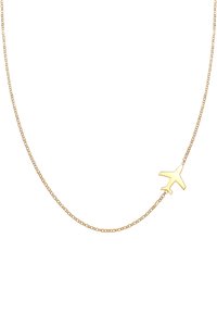 Goldene Halskette mit feiner Kette und einem kleinen, flugzeugförmigen Anhänger. Elegantes Design, polierte Oberfläche, leichtes Material.