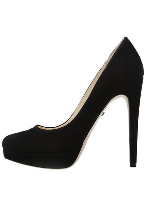 Czarny zamszowy but na wysokim obcasie z zaokrąglonym noskiem, platformą i obcasem typu stiletto. Gładka tekstura i klasyczna sylwetka.