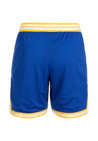 Blaue Netz-Basketballshorts mit gelbem und weißem gestreiftem elastischen Bund, ausgestattet mit Seitentaschen und einem lockeren, atmungsaktiven Schnitt.