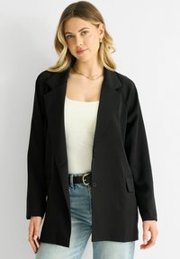 Black blazer with a tailored design, single-button closure, and two front pockets. Smooth fabric and medium-length sleeves.