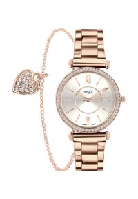 Roségoud horloge met een glanzende zilveren wijzerplaat, Romeinse cijfers, kristalaccenten en een verbonden hartbedel aan een ketting.