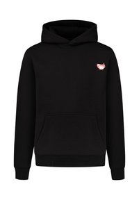 Hoodie noir en mélange de coton, avec une poche avant, des poignets et un ourlet côtelés, et un petit logo graphique rouge sur la poitrine.