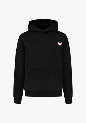 Schwarzer Hoodie aus Baumwollmischung, mit einer Fronttasche, gerippten Bündchen und Saum sowie einem kleinen roten Grafiklogo auf der Brust.