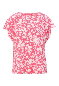 Blusa floreale rosa con motivi a foglia bianchi, maniche corte e vestibilità comoda. Tessuto leggero con una texture liscia.