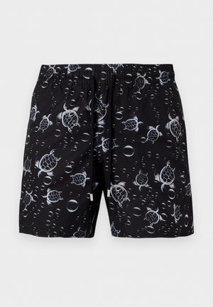 Črne kopalne hlače z elastičnim pasom in vezalko, poslikane z vzorcem belih morskih želv in vodnih mehurčkov.