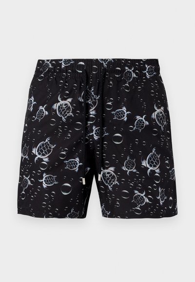 Μαύρα ανδρικά μαγιό βερμούδα με ελαστική μέση και κορδόνι, με σχέδιο από λευκές χελώνες της θάλασσας και φυσαλίδες νερού.