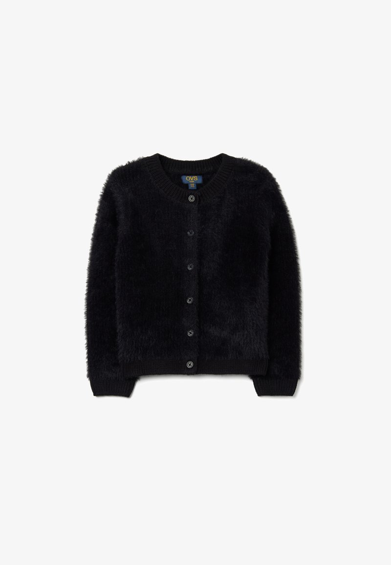 Cardigan noir en peluche avec un col rond, boutonnière à l'avant et poignets et ourlet côtelés. Texture douce, design décontracté, sans motifs.