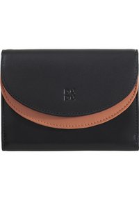 Black leather wallet with a curved tan flap. Features embossed logo and visible stitching. Compact design with a smooth texture.