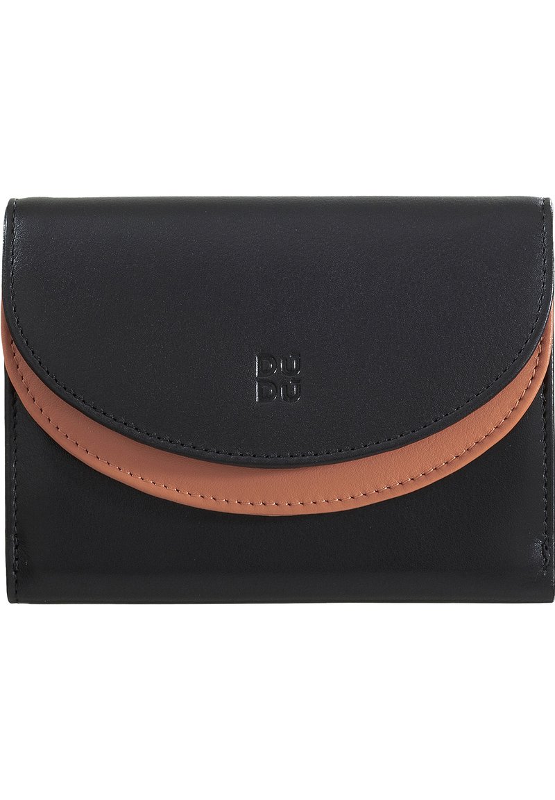 Black leather wallet with a curved tan flap. Features embossed logo and visible stitching. Compact design with a smooth texture.