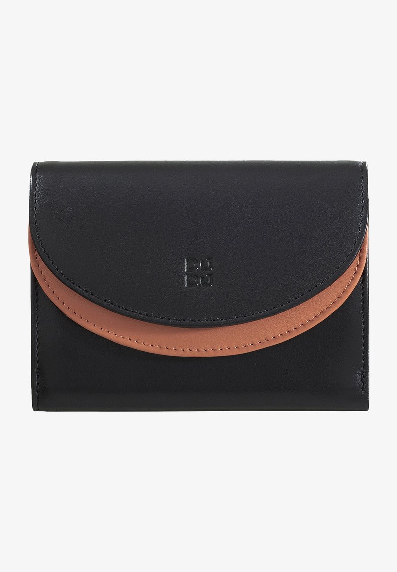 Black leather wallet with a curved tan flap. Features embossed logo and visible stitching. Compact design with a smooth texture.