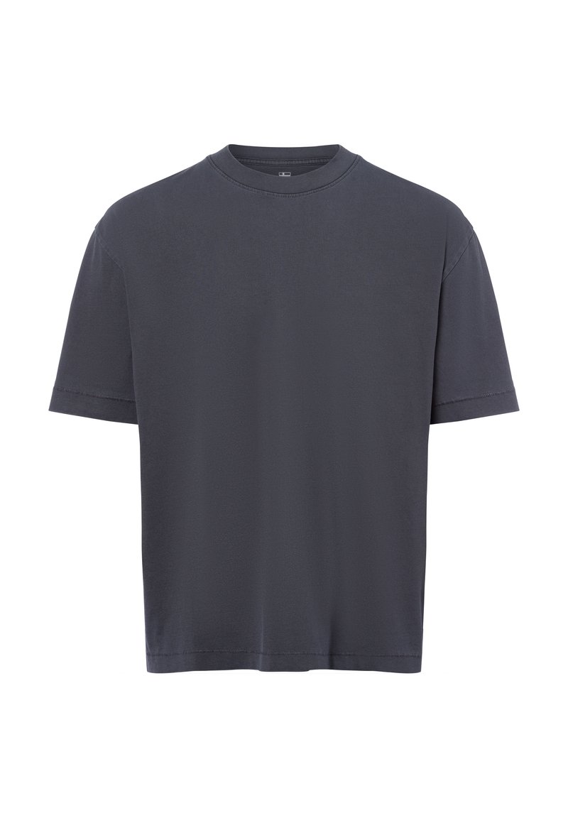 Dunkelgraues T-Shirt mit kurzen Ärmeln aus weicher Baumwolle, mit Rundhalsausschnitt und lockerer Passform, glatter Textur und ohne sichtbare Muster.