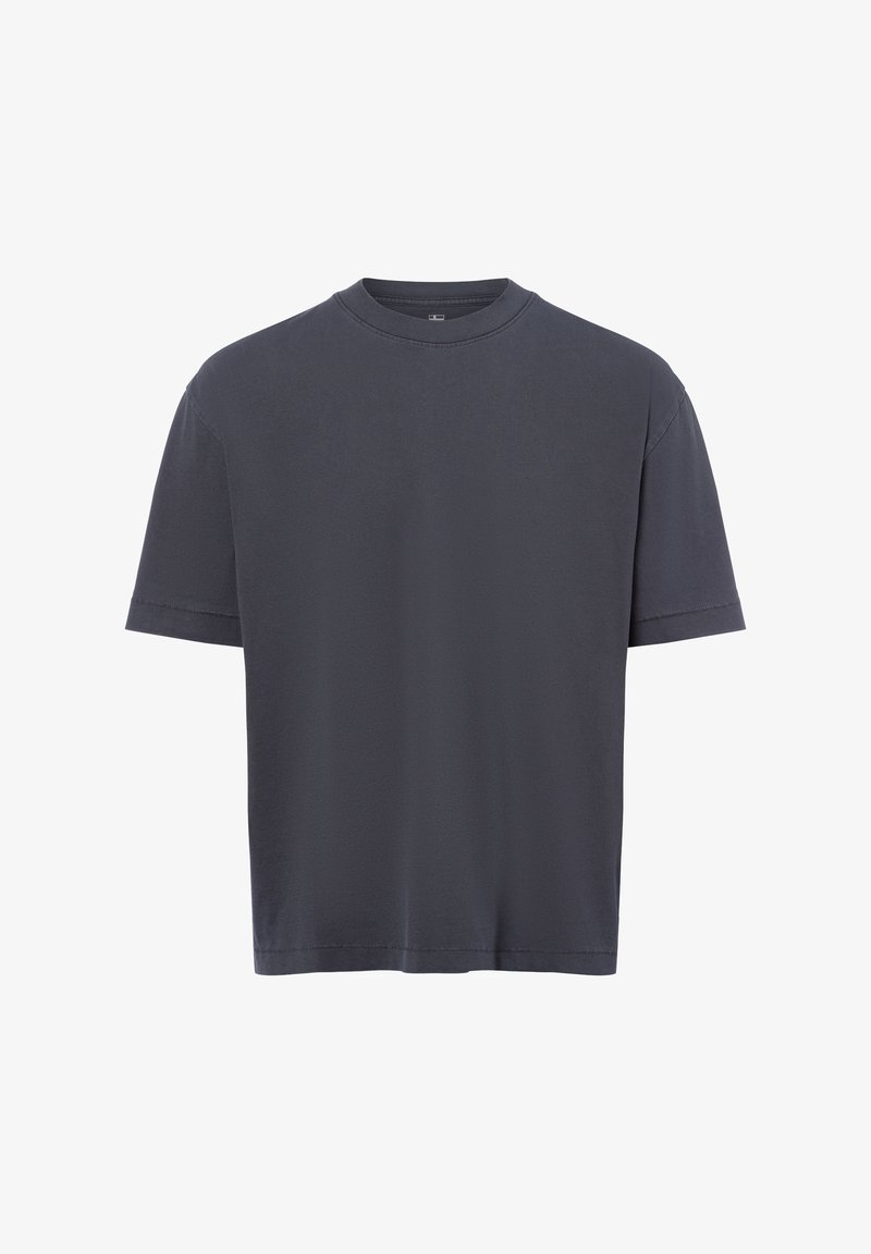Dunkelgraues T-Shirt mit kurzen Ärmeln aus weicher Baumwolle, mit Rundhalsausschnitt und lockerer Passform, glatter Textur und ohne sichtbare Muster.