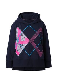 Felpa con cappuccio blu navy caratterizzata da motivi geometrici in rosa, bianco e blu, con una stampa testurizzata e una silhouette dal taglio rilassato.