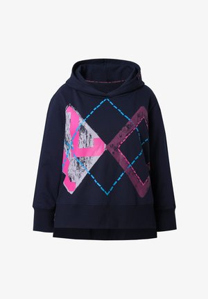 Marineblauwe hoodie met geometrische patronen in roze, wit en blauw, voorzien van een gestructureerde print en een relaxte pasvorm.