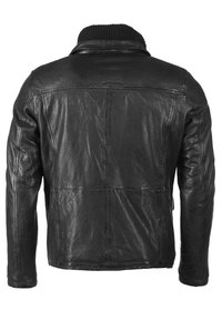 Sort læderjakke med synlige sømme og en ribbet høj krave, vist fra bagsiden på en ensfarvet hvid baggrund.