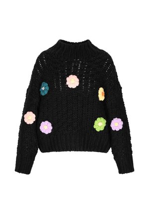 Musta neulepaita korkealla kauluksella, jossa on värikkäitä brodeerattuja kukkia pinkki, turkoosi, keltainen, violetti ja vihreä. Rakenteellinen muotoilu.