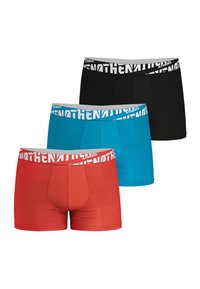 Trois paires de boxer : rouge, bleu et noir. Chacune arbore une ceinture élastique contrastante avec la marque "ATHENA" en blanc.
