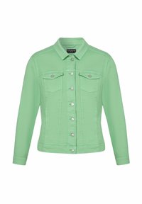 Mintgroene denimjas met lange mouwen, drukknoopsluiting, twee borstzakken en een klassieke kraag. Soepele textuur en getailleerd ontwerp.