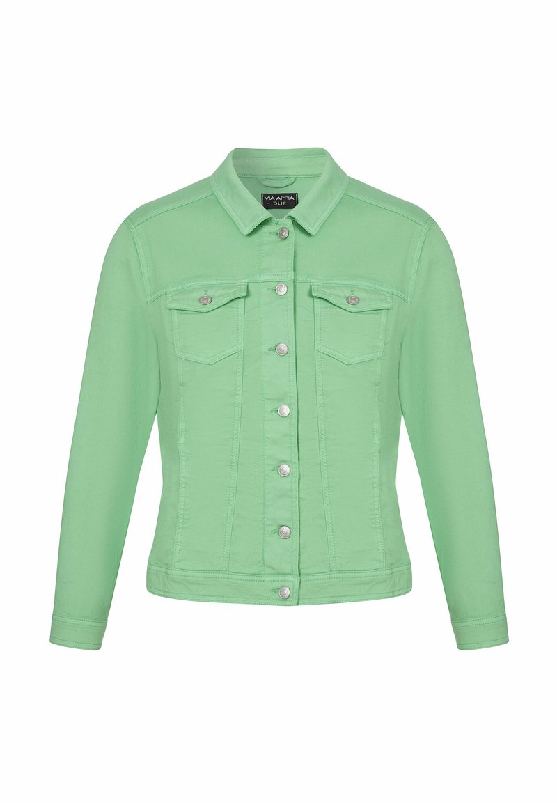 Mintgroene denimjas met lange mouwen, drukknoopsluiting, twee borstzakken en een klassieke kraag. Soepele textuur en getailleerd ontwerp.