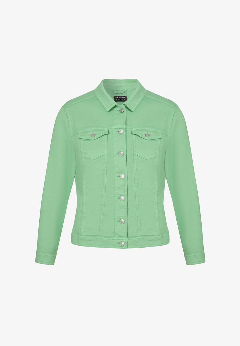 Mintgroene denimjas met lange mouwen, drukknoopsluiting, twee borstzakken en een klassieke kraag. Soepele textuur en getailleerd ontwerp.