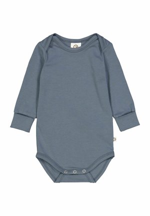 Body niemowlęce z długim rękawem w miękkim szarym materiale. Posiada okrągły dekolt, zatrzaski u dołu oraz mankiety przy rękawach. Prosty design.