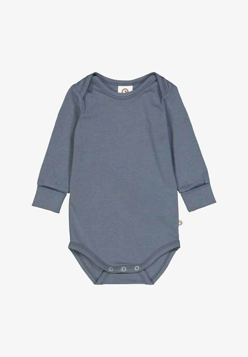 Dětský overal s dlouhým rukávem z měkké šedé látky. Obsahuje kulatý výstřih, patentky na spodní části a manžetové rukávy. Jednoduchý design.