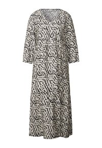 Leichtes, langes, beiges Kleid mit schwarzem abstraktem Muster, V-Ausschnitt, drei Viertelärmel, geraffte Taille und gestuftem Rockdesign.
