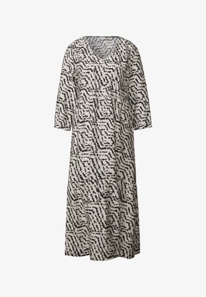 Lehká, dlouhá, béžová šaty s černým abstraktním potiskem, výstřih do V, tříčtvrteční rukávy, nabráním v pase a designem s vrstvenou sukní.