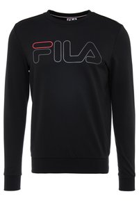 Černá mikina z měkkého materiálu s kulatým výstřihem. Na přední straně se nachází velké logo FILA v šedé a červené barvě. Ribkované manžety a lem.