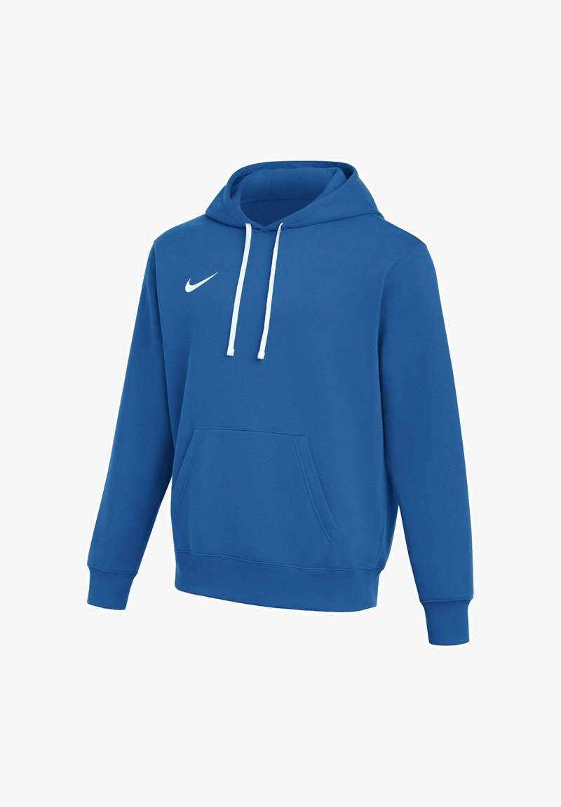 Blauwe Nike hoodie met witte trekkoorden, een voorzak in kangoeroestijl en een wit Nike-logo op de linkerborst.