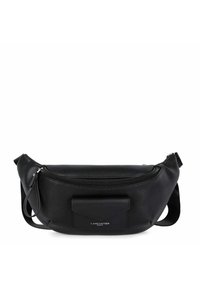 Borsa a tracolla in pelle nera con un design elegante, apertura con zip e una tasca frontale con pattina rettangolare. Texture liscia, cinturino regolabile.