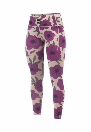 Purple floral patterned leggings made of stretchy fabric; features high waist and a small brand logo tag on the waistband.
