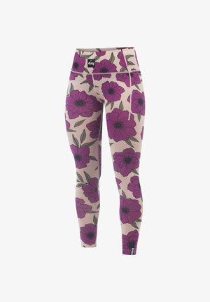 Paarse bloemenpatroon leggings van rekbaar materiaal; voorzien van een hoge taille en een klein merklabel op de tailleband.